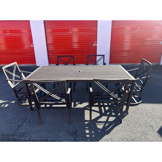 Perfect for your outdoor space! The table measures 84x42x30 and the chair measures 19x23.5x36 The swivels go back. There...