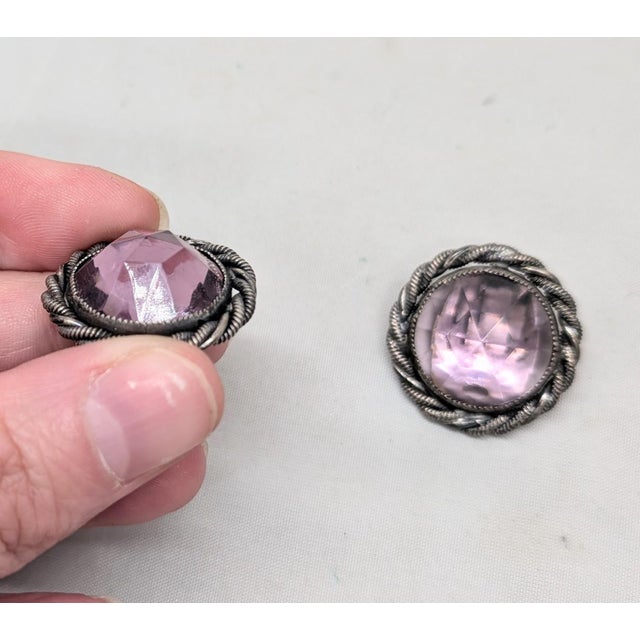 Napier Vintage 1950s Signed Napier Round Silvertone Faux-Amethyst Clip Earrings- 2 Pieces For Sale - Image 4 of 8