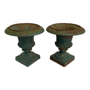 Vintage Green-Blue Cast Iron Planters - A Pair