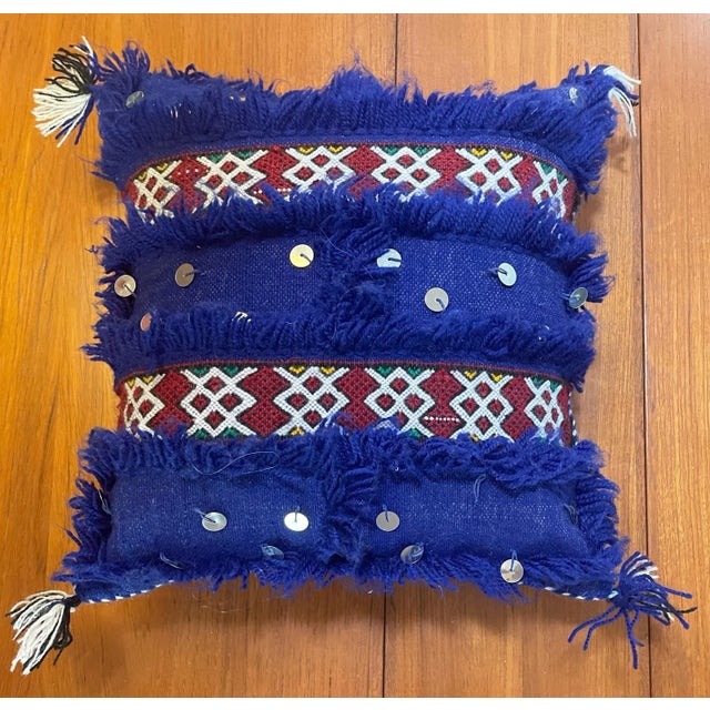 Vintage pair of Moroccan Beautiful bright royal blue Vintage Moroccan vintage Pillows. With Berber red and orange Berber...