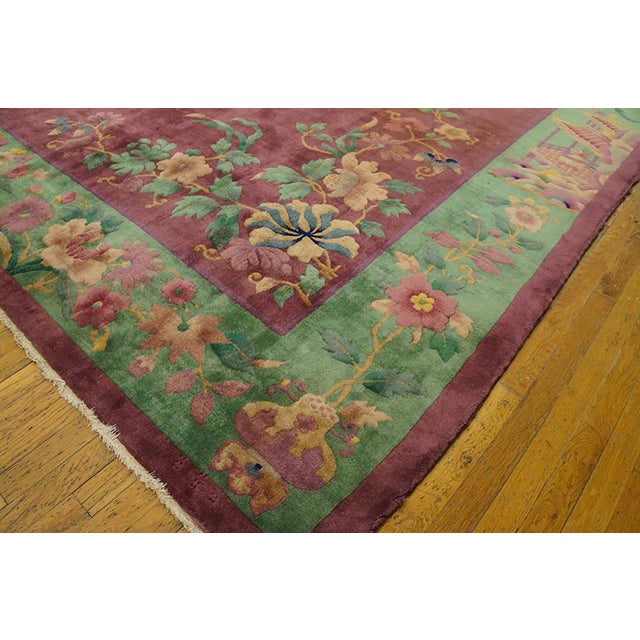 1920s Pink Rose Floral Antique Chinese Art Deco Rug 8'9" X 11'4" Handknotted Wool Carpet For Sale In New York - Image 6 of 7