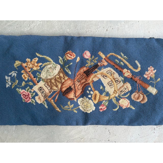Mid-Century Vintage Needlepoint “Musical Ensemble” Lumbar Pillow With Cobalt Velvet Back | 30” For Sale - Image 4 of 6