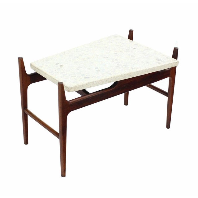 Unusual Trapezoid Travertine Terrazzo Top Oiled Walnut Base End Side Table