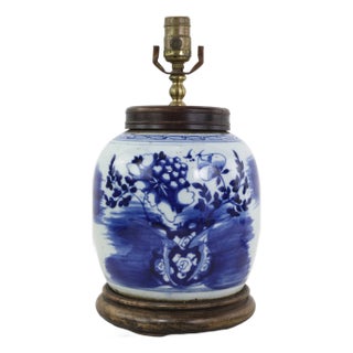 Blue and White Antique Porcelain Vase Lamp With Cobalt Floral Motif on Wood Base For Sale