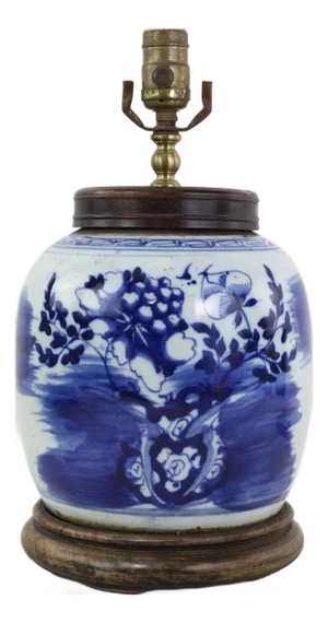 Blue and White Antique Porcelain Vase Lamp With Cobalt Floral Motif on Wood Base