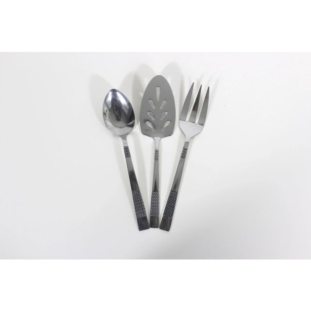 1960s Mid Century Modern Stainless Serving Set Spoon, Fork, Lifter, Set of Three Aztec Scroll For Sale - Image 4 of 10