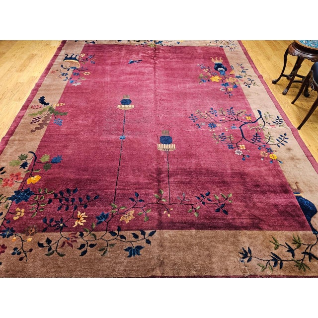 Vintage Chinese Art Deco Hand-Knotted Rug, Floral Motif, Wool, 1900s, 9' x 12' For Sale - Image 12 of 18