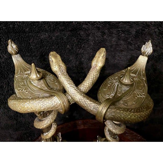Bronze 1800s Bronze Neo-Grecian Andirons With Mystical Lamp of Wisdom and Entwined Snakes Serpents - 3 Pieces For Sale - Image 8 of 10