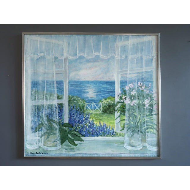 THE OPEN WINDOW Size: 28.5 x 31.5 inches (including frame) Oil on canvas A large, serene and light-filled mid-century...