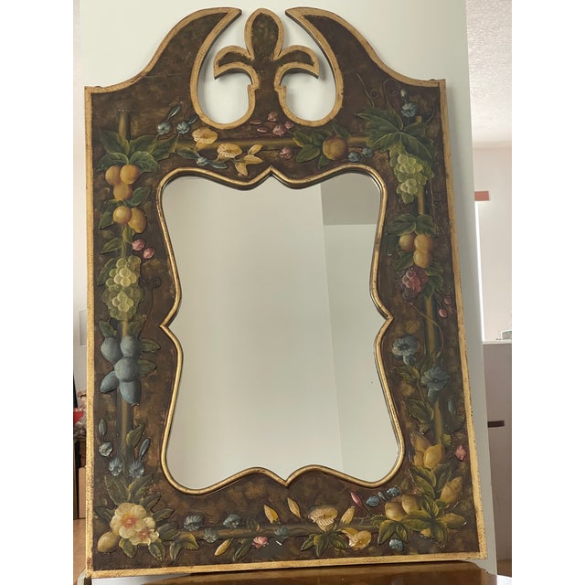 Unique Italian Handpainted applique of fruits and flowers in Baroque style wall mirror.