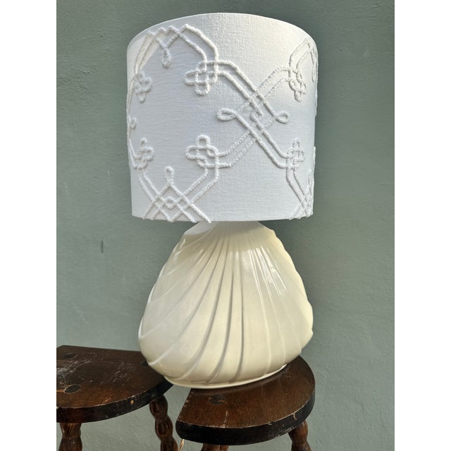 1960s 1960s White Ceramic Shell Lamp With Custom Boho Shade - Rewired For Sale - Image 5 of 7