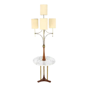 Mid Century Modern Walnut Brass Floor Lamp Round Marble Top Side Table Torchere