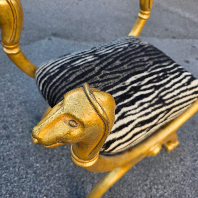 Wood Egyptian Revival Gilded Horse-Head Curule Chair With Zebra Upholstery, Italy, 1970s–1980s For Sale - Image 7 of 10