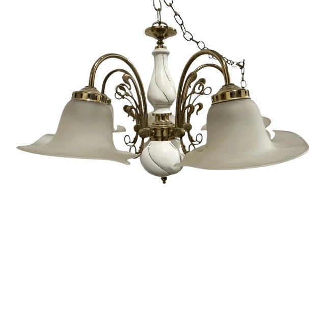 Vintage Art Nouveau Style Fleur De Lis Calla Lillies Shades 5 Arms Chandelier For Sale