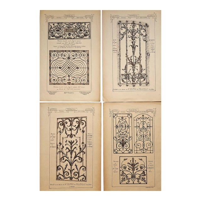 1887 Set of 4-French Antique Architctural Design Engravings-Ironwork Panels For Sale