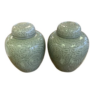 Late 20th Century Chinoiserie Green Ginger Jars - a Pair For Sale