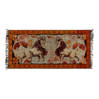 Vintage Pictorial Kilim in Blue and Orange, Lions With Floral Patterns For Sale