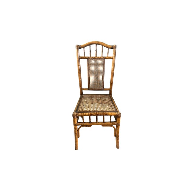 English Vintage Chinoiserie, Burnt Bamboo and Rattan Desk and Chair in the British Colonial Style Chair Dimensions: 39 3/4” H X 17 1/4” Seat H , Seat D/ W 17” For Sale - Image 3 of 12