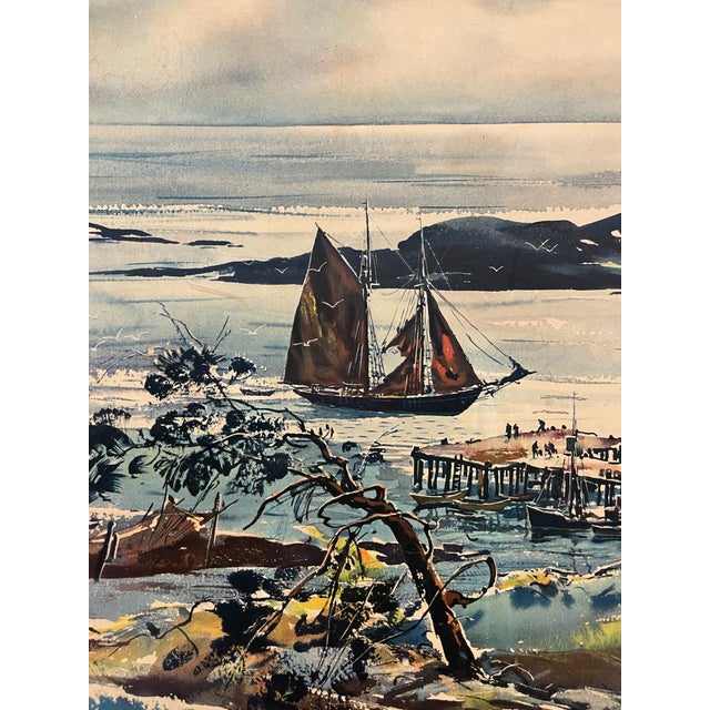 Vintage Framed Harbor Landscape Print by C. Ivar Gilbert - Coastal Sailboat & Village Scene, Gold-Tone Frame For Sale - Image 9 of 12