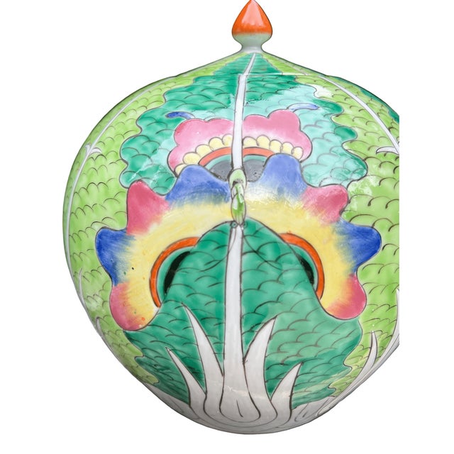 2020s Hand-Painted Jingdezhen Porcelain Melon Jar With Finial Lid – Bok Choy Pattern For Sale - Image 5 of 6