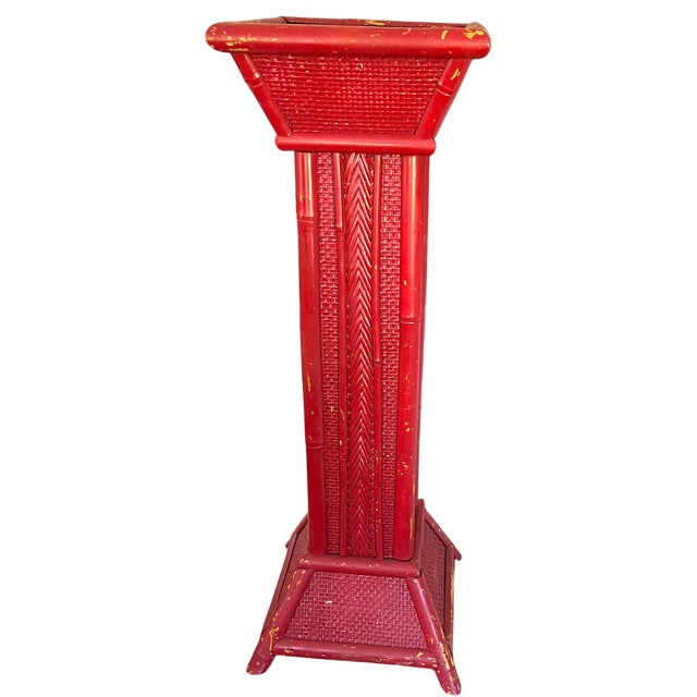 Billy Baldwin Vintage Red Painted Bamboo & Woven Rattan Pedestal Plant Stand – Sister Parish Style For Sale - Image 4 of 8