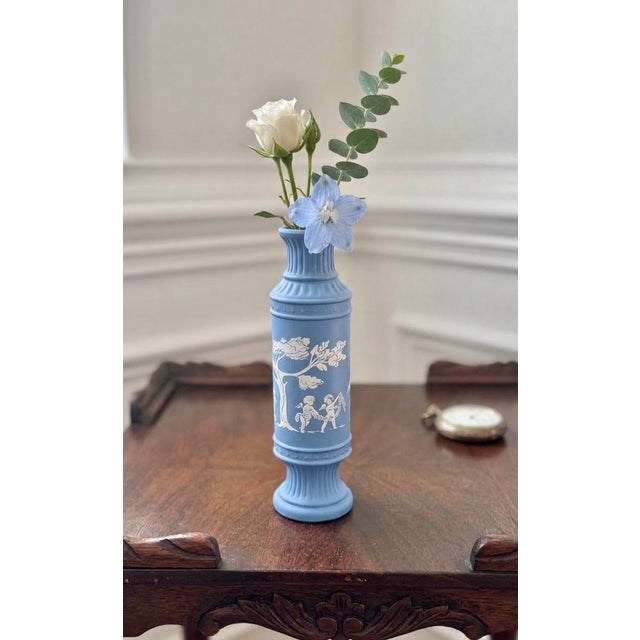 Blue Vintage Blue & White Neoclassical Jasperware-Style Pedestal Vase For Sale - Image 8 of 8