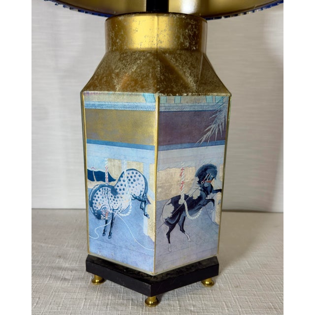 Navy Blue Vintage Chinoiserie Reverse Painted Hexagonal Tang Horse Table Lamp With Bespoke Navy Blue Shade For Sale - Image 8 of 12