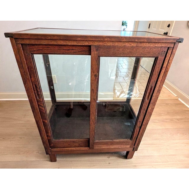 Antique Oak Showcase Store Display Cabinet Bookcase With Sliding Doors For Sale - Image 11 of 18