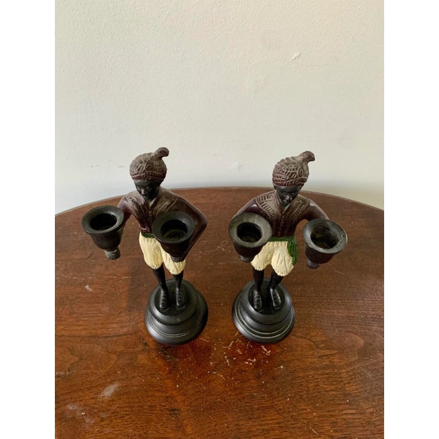 Pair of Vintage Painted Cast-Iron Figurative Double Candleholders For Sale - Image 4 of 12