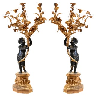 Large French Cherub Manner Clodion Bronze Candleholders, Set of 2 For Sale