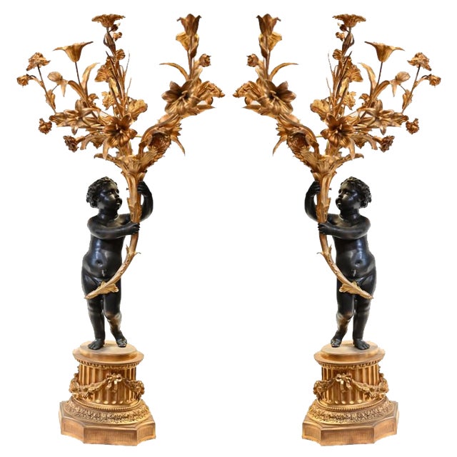 Large French Cherub Manner Clodion Bronze Candleholders, Set of 2 For Sale