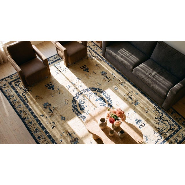 Superlative Beige Open Field With Details Flowers in a Medallion Design Antique Chinese Peking Rug For Sale - Image 15 of 15
