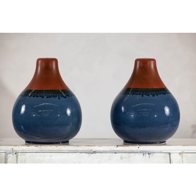 Pair of Artisan Ceramic Vases in Midnight Blue, Pre-Drilled for Lamp Conversion For Sale - Image 9 of 12