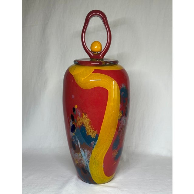 Postmodern Multicolor Art Glass Jar Vase Loop & Ball Finial Lid For Sale In Phoenix - Image 6 of 12