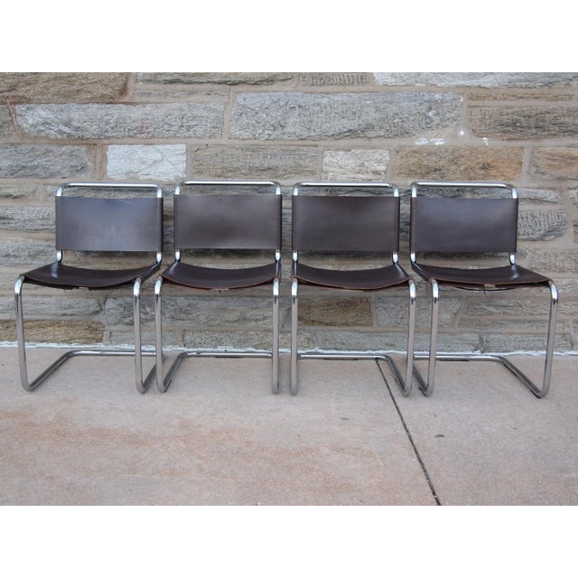 -Set of Four 4 Vintage KNOLL SPOLETO Side Dining CHAIR, Chrome + Brown Leather, Mid-Century Modern MCM Bauhaus mart stam...