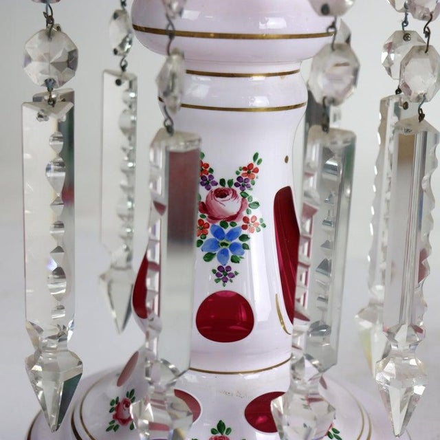 Late 19th Century Pair Antique Bohemian Cutback Cranberry to Clear Lusters With Crystals C1890 For Sale - Image 5 of 7