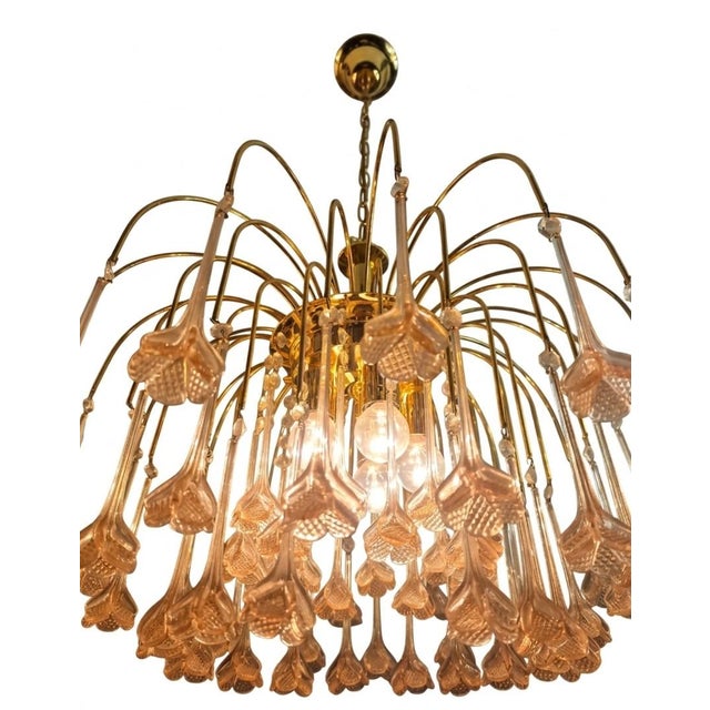 Glass Vintage Gold Rain Chandelier with Handmade Murano Glass Pink Flowers, Italy, 1960 For Sale - Image 7 of 16
