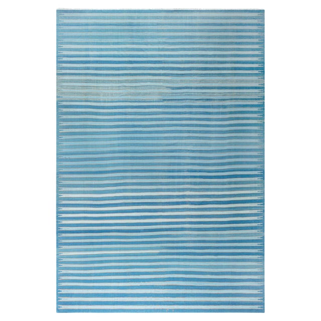 Doris Leslie Blau Vintage Indian Dhurrie Striped Blue Rug For Sale