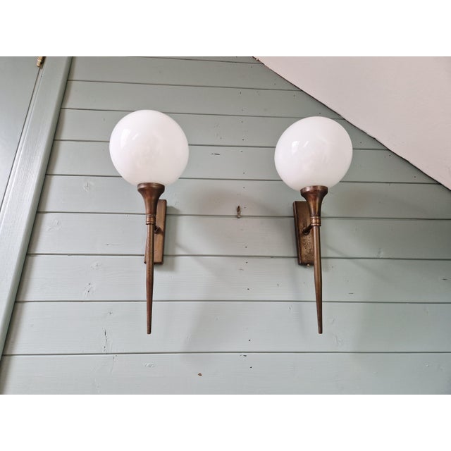Brass and White Opaline Wall Sconces, 1930s, Set of 2 For Sale - Image 4 of 16