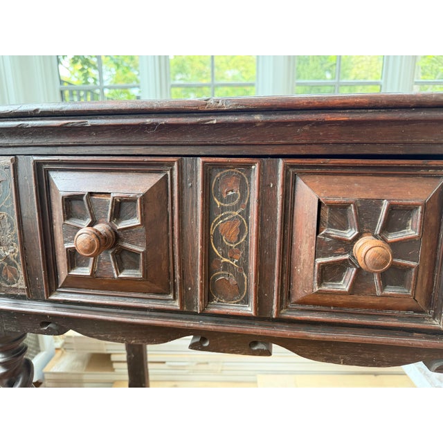 CIRCA 1910 JACOBEAN-STYLE SERVER In Oak With Two Drawers. With Satinwood Floral-Inlaid Front And Spiral-Turned Front Legs....