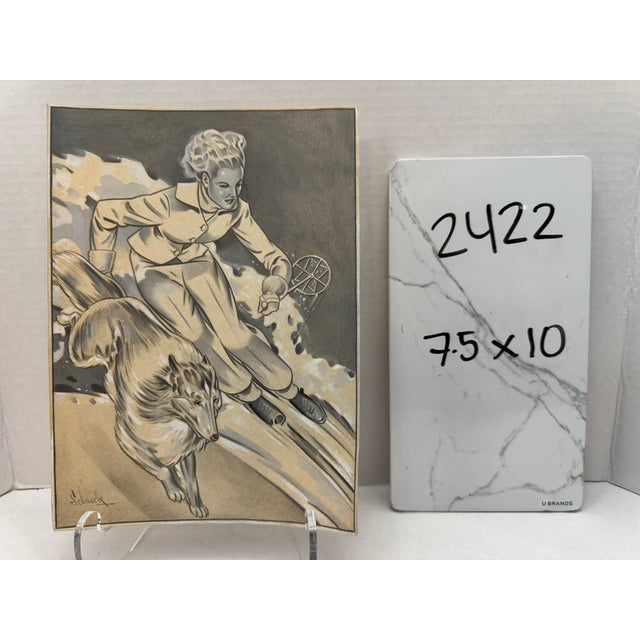 1940s Original Signed Graphite Illustration of Woman Skier With Collie, 7.5 X 10''. For Sale In Atlanta - Image 6 of 6