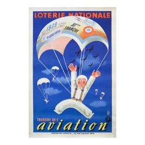 1939 French Loterie Nationale Poster - Aviation (Parachute)