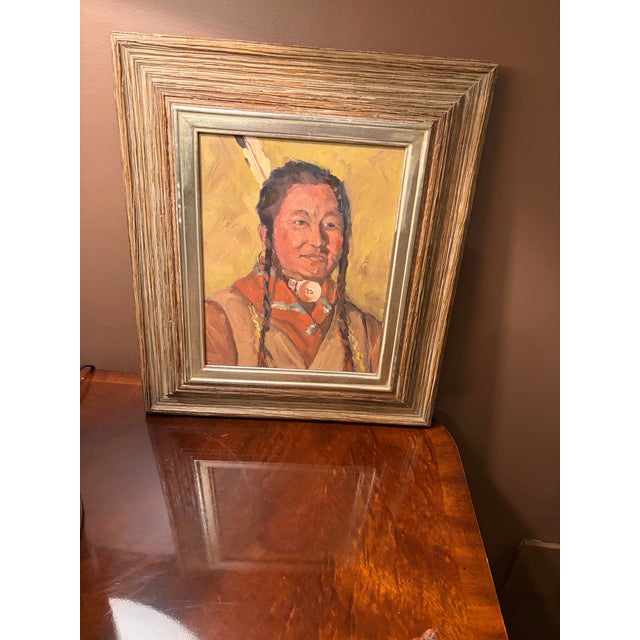1990s American Portrait of Indian Oil Painting of Native American Man Wearing Necklace Unsigned - Style After Nicolai Fechin and Robert Henri For Sale - Image 4 of 4