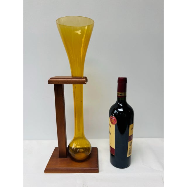 Mid 20th Century Amber Empoli Glass Vase on Wood Stand For Sale - Image 9 of 9