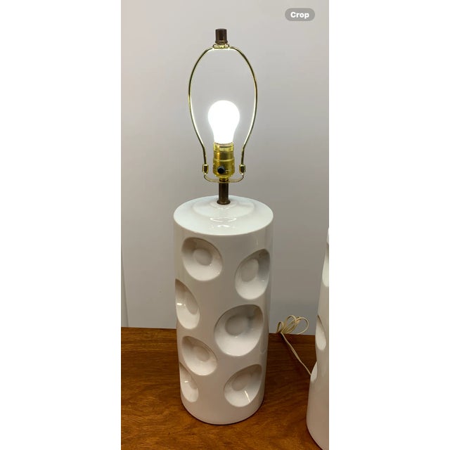 Pair of Mid 20th Century Swiss Cheese Style White Ceramic Table Lamps For Sale - Image 16 of 17