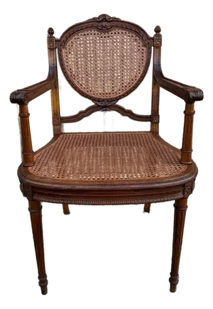 Mid 20th Century Vintage Louis XVI Style Fruitwood Carved Cane Back and Seat Armchair