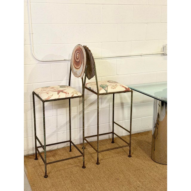 Late 20th Century Vintage Artisan Sculptural Twisted Wrought Iron Verdigris Shell Bar Stools For Sale - Image 5 of 10