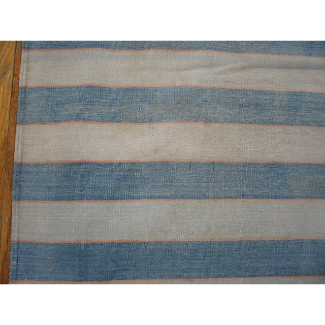 Textile 1930s Blue White Stripe Antique Indian Cotton Dhurrie Carpet 12' X 18' 6" Flatweave Wool Rug For Sale - Image 7 of 9