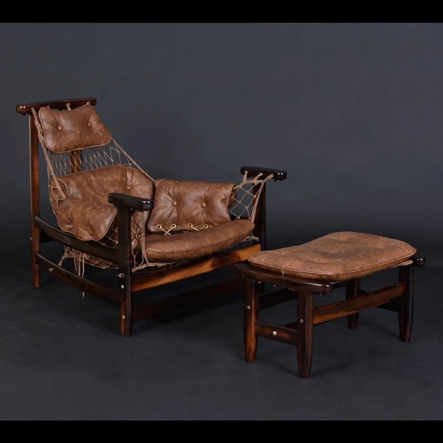 1960s Restored Brazilian Jangada Rosewood & Leather Sling Chair With Ottoman by Jean Gillon For Sale - Image 11 of 16