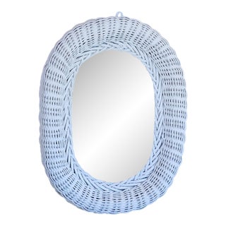 Vintage Braided White Wicker Rattan Oval Mirror For Sale